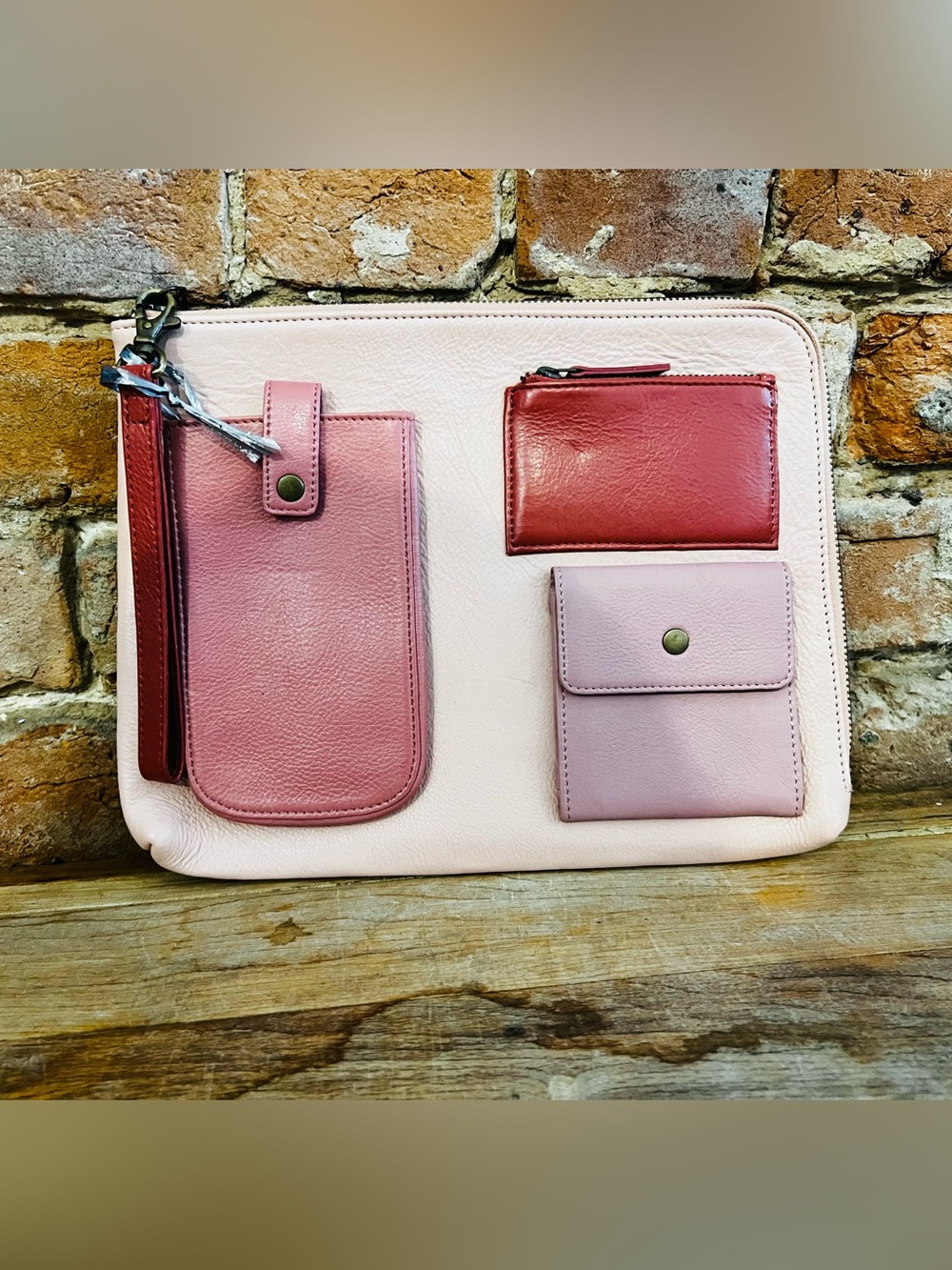 Anthropologie Pink & Rose Leather Wristlet Clutch